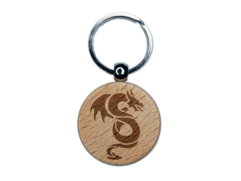 Winged Serpent Dragon Engraved Wood Round Keychain Tag Charm