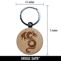 Winged Serpent Dragon Engraved Wood Round Keychain Tag Charm