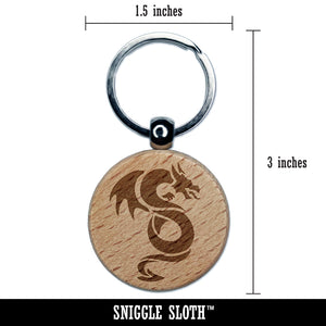 Winged Serpent Dragon Engraved Wood Round Keychain Tag Charm