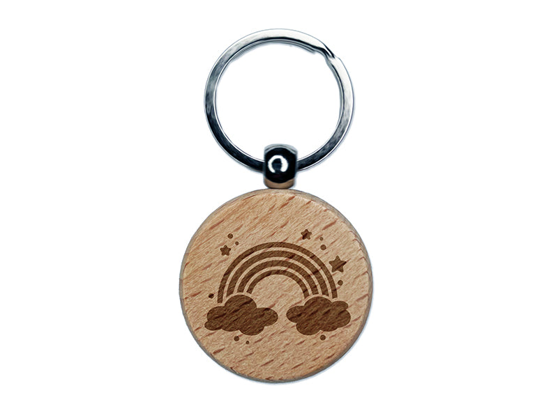 Sweet Adorable Magical Rainbow Engraved Wood Round Keychain Tag Charm