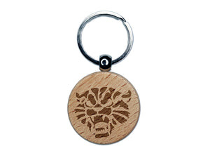 Angry and Fierce Hissing Cat Engraved Wood Round Keychain Tag Charm