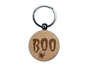 Boo with Spider Halloween Engraved Wood Round Keychain Tag Charm