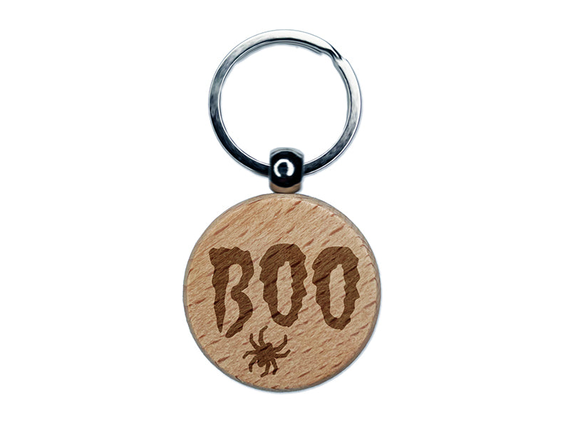 Boo with Spider Halloween Engraved Wood Round Keychain Tag Charm