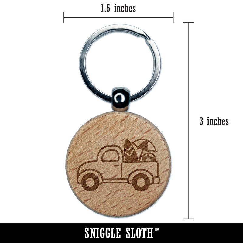 Cute Truck Summer with Surfboard Beach Ball Umbrella Engraved Wood Round Keychain Tag Charm