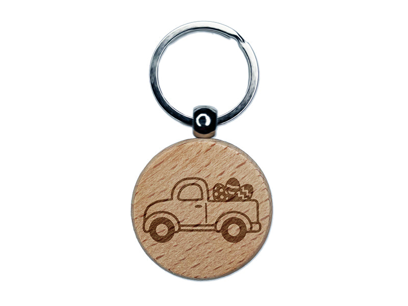 Cute Truck with Easter Eggs Engraved Wood Round Keychain Tag Charm