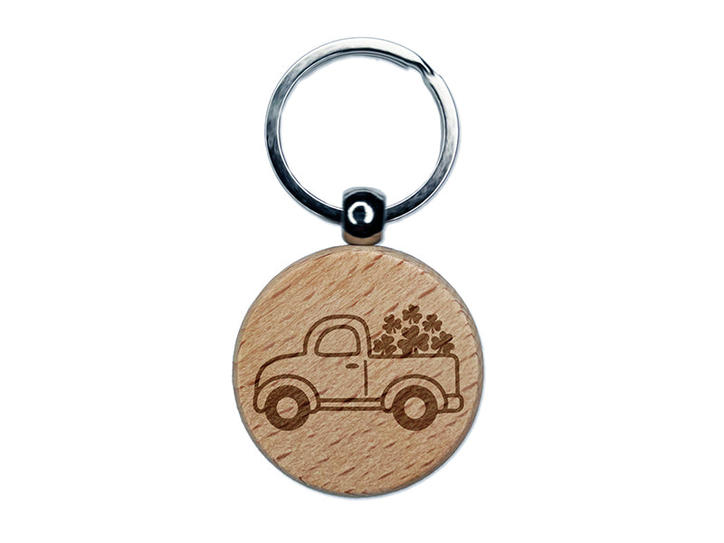 Cute Truck with Shamrocks Luck St. Patrick's Day Engraved Wood Round Keychain Tag Charm