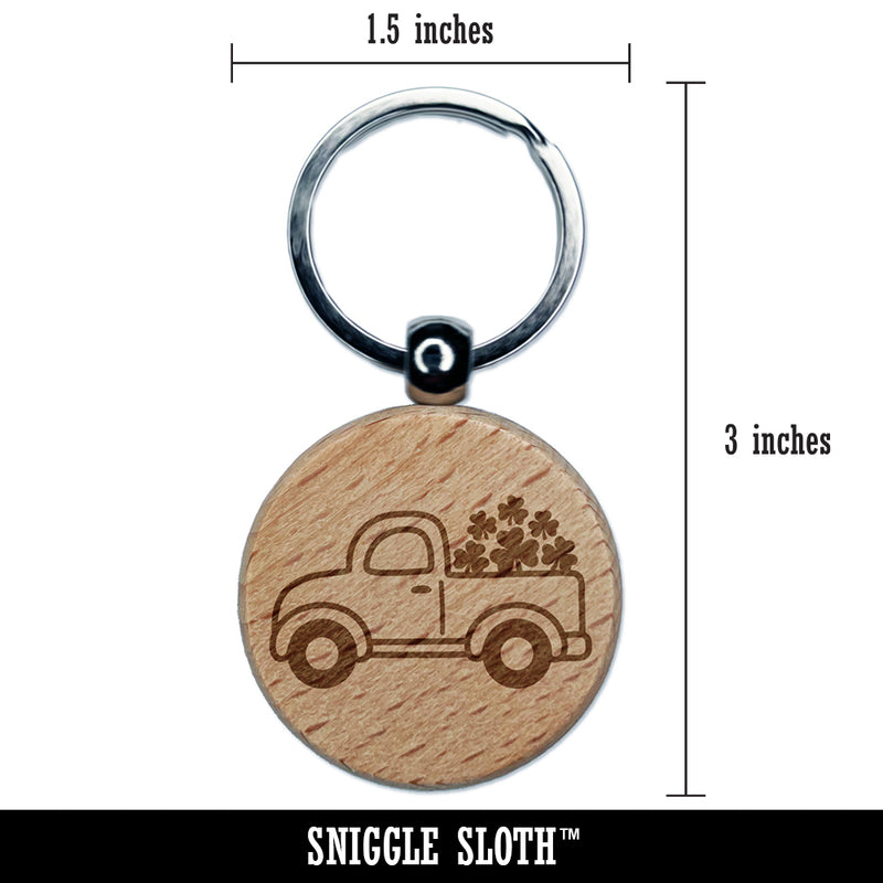 Cute Truck with Shamrocks Luck St. Patrick's Day Engraved Wood Round Keychain Tag Charm