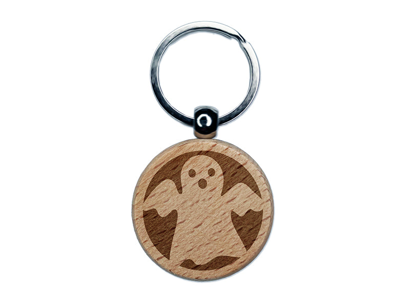 Spooky Halloween Ghost Engraved Wood Round Keychain Tag Charm