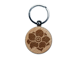 Anemone Flower Engraved Wood Round Keychain Tag Charm