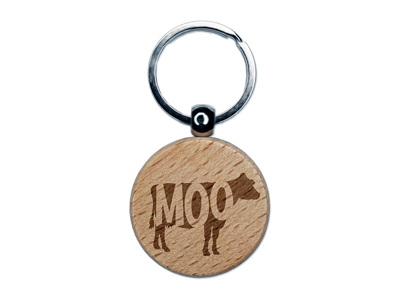 Cow Moo Farm Animal Engraved Wood Round Keychain Tag Charm