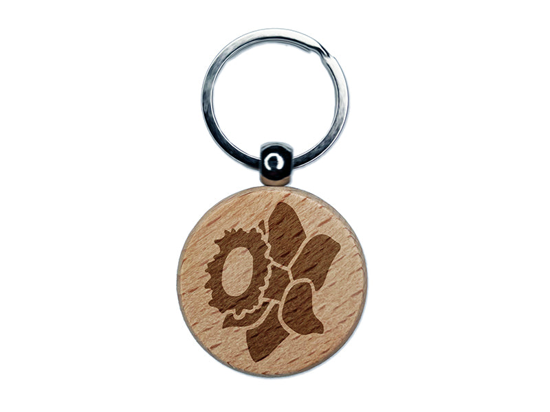 Daffodil Flower Engraved Wood Round Keychain Tag Charm