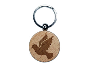 Dove Flying Silhouette Bird Engraved Wood Round Keychain Tag Charm