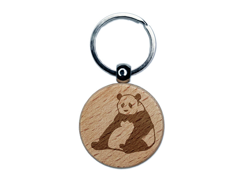 Giant Panda Bear Sitting Engraved Wood Round Keychain Tag Charm