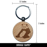 Giant Panda Bear Sitting Engraved Wood Round Keychain Tag Charm