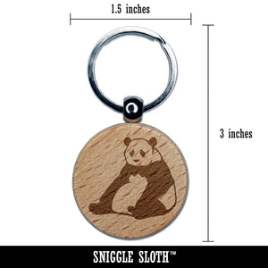 Giant Panda Bear Sitting Engraved Wood Round Keychain Tag Charm