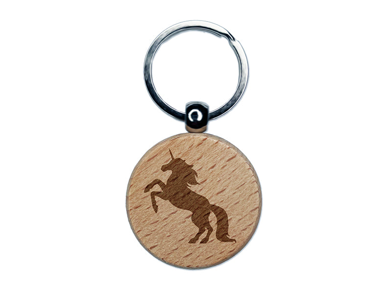 Majestic Unicorn Rearing Up Engraved Wood Round Keychain Tag Charm