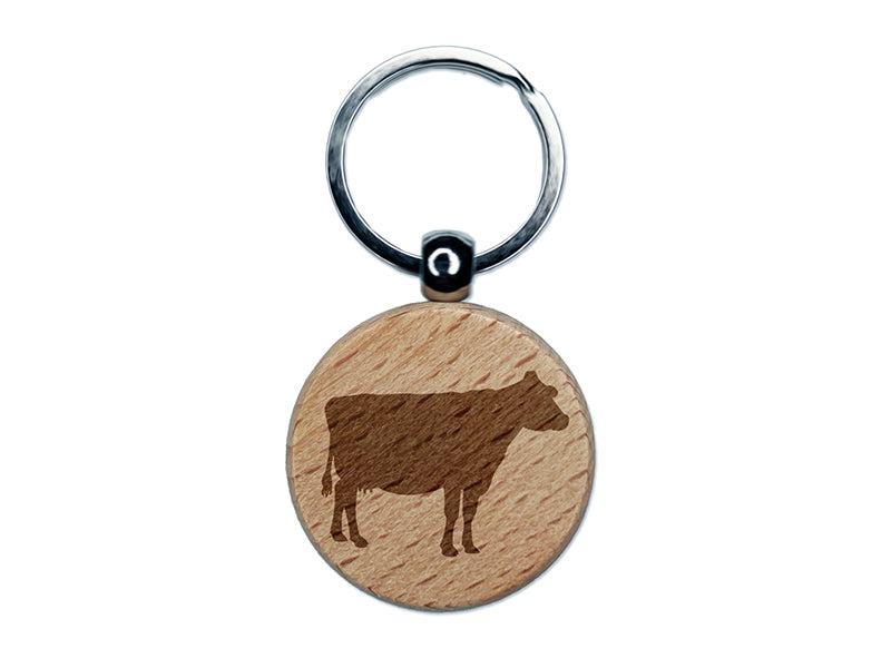 Solid Cow Farm Animal Engraved Wood Round Keychain Tag Charm