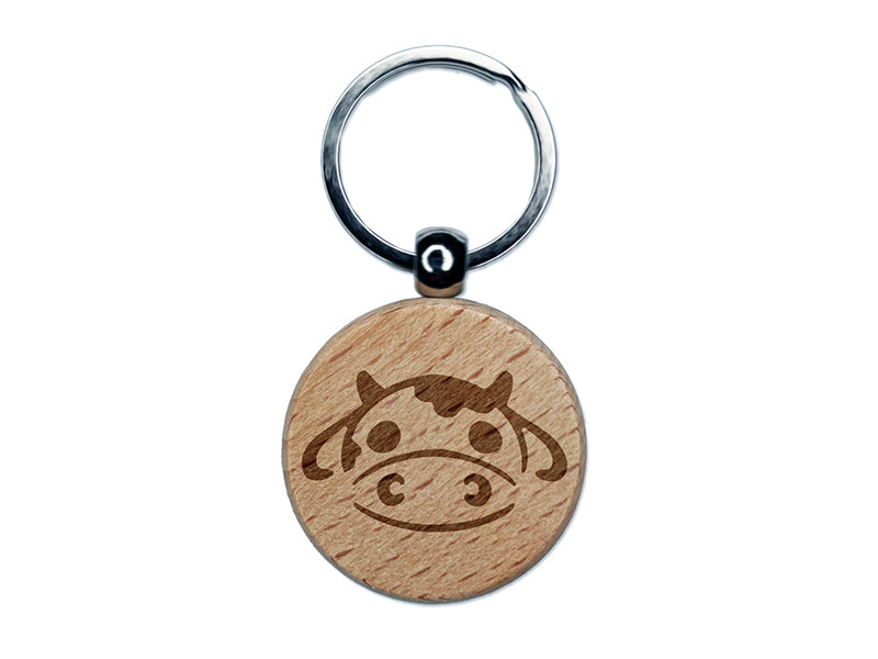 Kawaii Chibi Cow Head Face Milk Farm Animal Engraved Wood Round Keychain Tag Charm