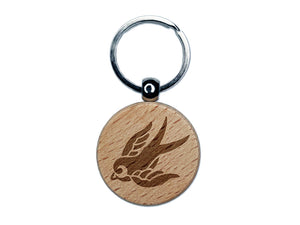 Sweet Flying Swallow Nautical Tattoo Engraved Wood Round Keychain Tag Charm