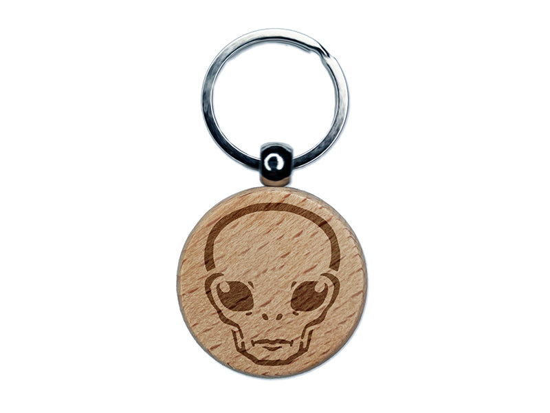 Alien Extraterrestrial UFO Head Engraved Wood Round Keychain Tag Charm