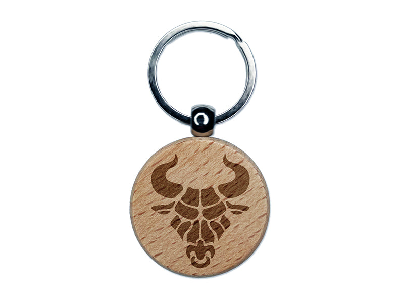 Angry Bull Cow Head with Horns Engraved Wood Round Keychain Tag Charm