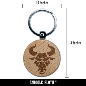 Angry Bull Cow Head with Horns Engraved Wood Round Keychain Tag Charm