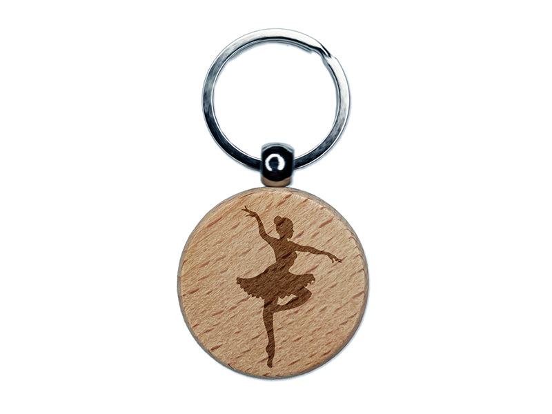 Ballerina Dancer in Tutu On Pointe Engraved Wood Round Keychain Tag Charm