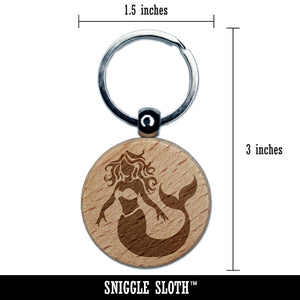 Beautiful Mythological Mermaid Engraved Wood Round Keychain Tag Charm