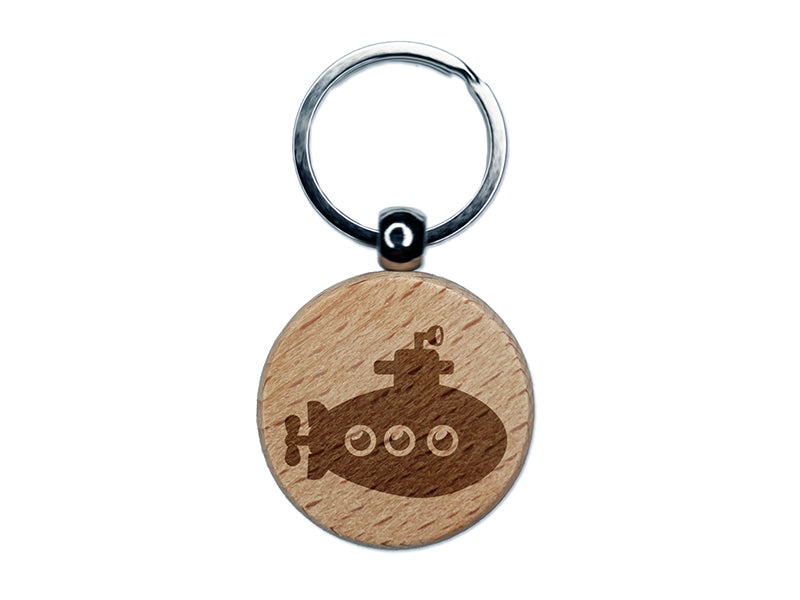 Cartoon Submarine Boat Aquatic Underwater Vehicle with Periscope and Propeller Engraved Wood Round Keychain Tag Charm