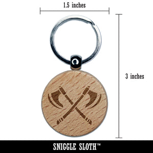 Crossed Viking Battle Axes Weapons Engraved Wood Round Keychain Tag Charm