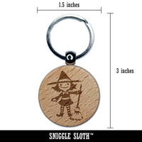 Cute Young Halloween Witch with Broom and Hat Engraved Wood Round Keychain Tag Charm