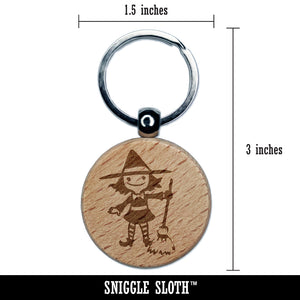 Cute Young Halloween Witch with Broom and Hat Engraved Wood Round Keychain Tag Charm