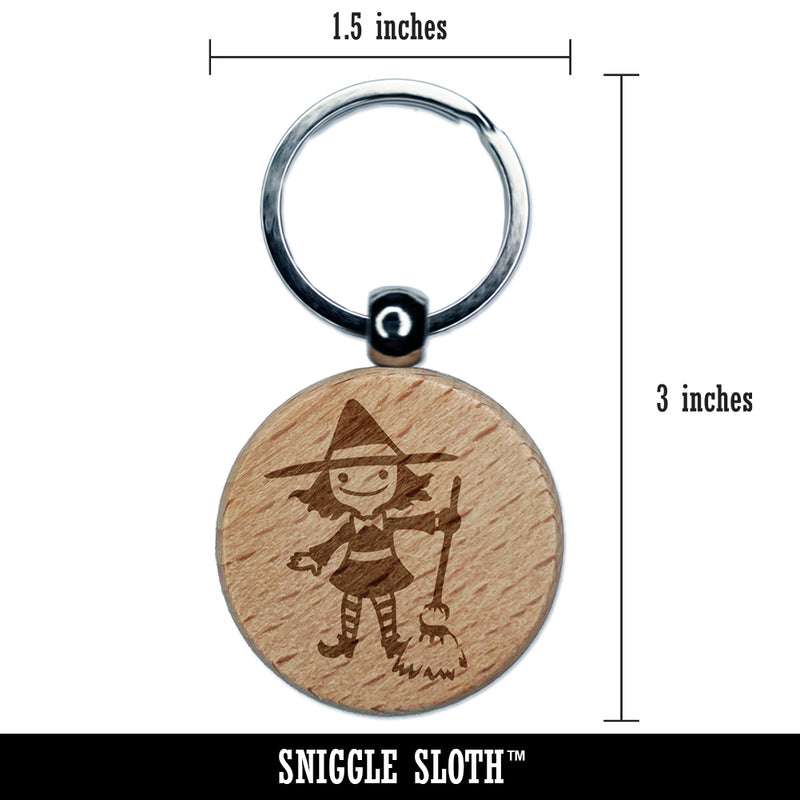 Cute Young Halloween Witch with Broom and Hat Engraved Wood Round Keychain Tag Charm