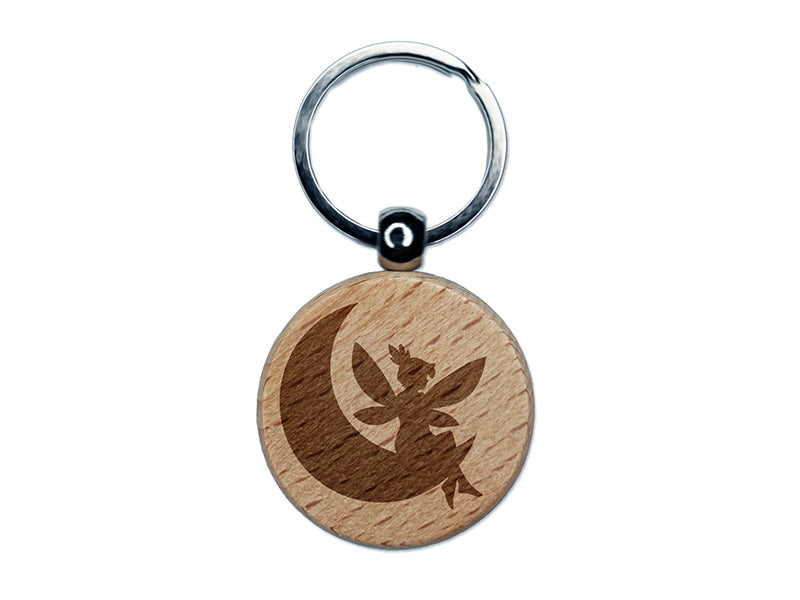 Fairy With Butterfly Wings Sitting on Moon Fantasy Engraved Wood Round Keychain Tag Charm