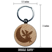 Fairy With Butterfly Wings Sitting on Moon Fantasy Engraved Wood Round Keychain Tag Charm