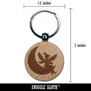 Fairy With Butterfly Wings Sitting on Moon Fantasy Engraved Wood Round Keychain Tag Charm