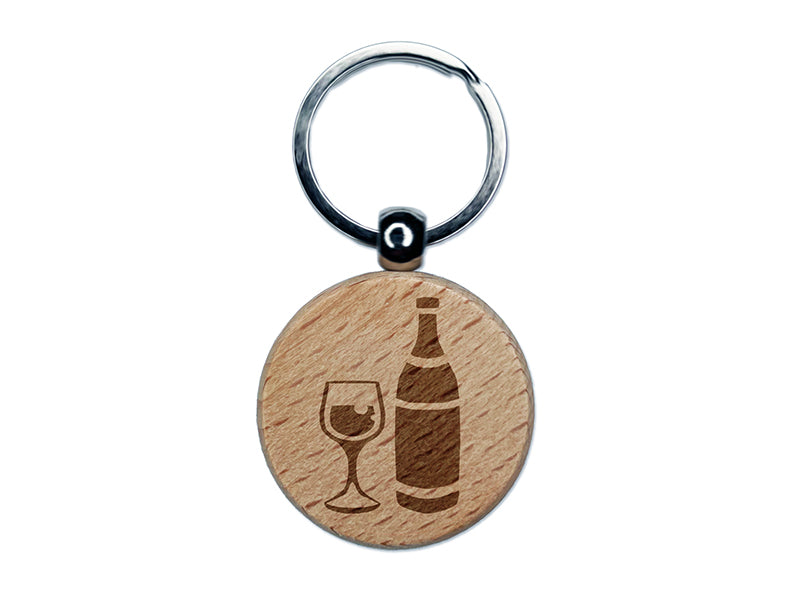 Fancy Wine Bottle and Glass Engraved Wood Round Keychain Tag Charm