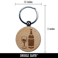 Fancy Wine Bottle and Glass Engraved Wood Round Keychain Tag Charm