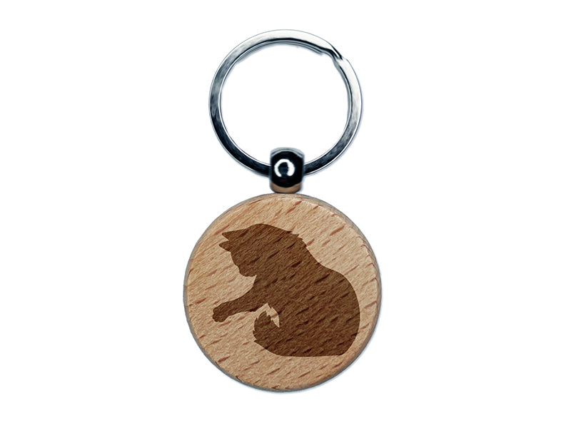 Fluffy Cat Kitten Hitting Something with Paw Claw Engraved Wood Round Keychain Tag Charm