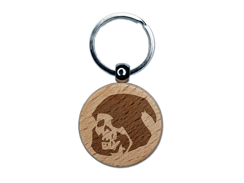 Grim Reaper Death Skeleton Hooded Head Halloween Engraved Wood Round Keychain Tag Charm