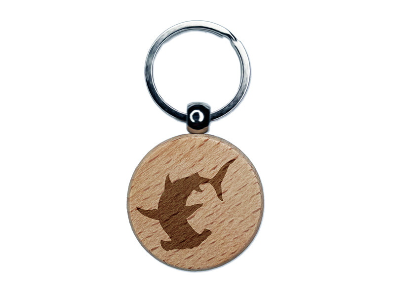 Hammerhead Shark Silhouette Engraved Wood Round Keychain Tag Charm