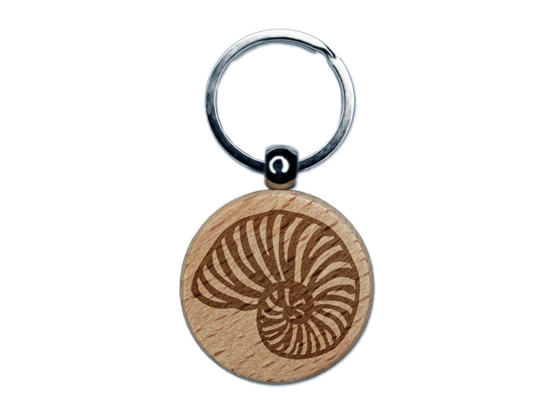 Nautilus Beach Sea Shell Engraved Wood Round Keychain Tag Charm