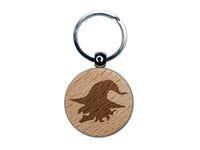 Smiling Evil Witch Head with Hat Halloween Engraved Wood Round Keychain Tag Charm