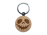 Spooky Skeleton Smile Face Halloween Engraved Wood Round Keychain Tag Charm