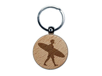 Surfer Man with Surfboard Walking Engraved Wood Round Keychain Tag Charm