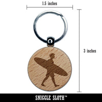 Surfer Man with Surfboard Walking Engraved Wood Round Keychain Tag Charm