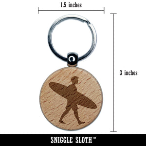 Surfer Man with Surfboard Walking Engraved Wood Round Keychain Tag Charm