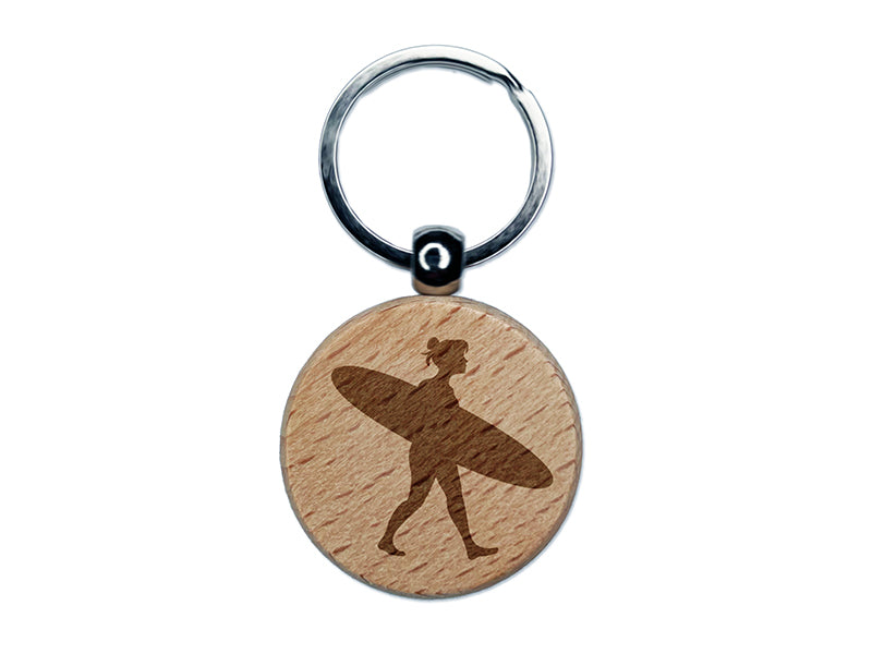 Surfer Woman with Surfboard Walking Engraved Wood Round Keychain Tag Charm