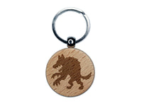 Werewolf Monster Wolf Man Silhouette Halloween Engraved Wood Round Keychain Tag Charm