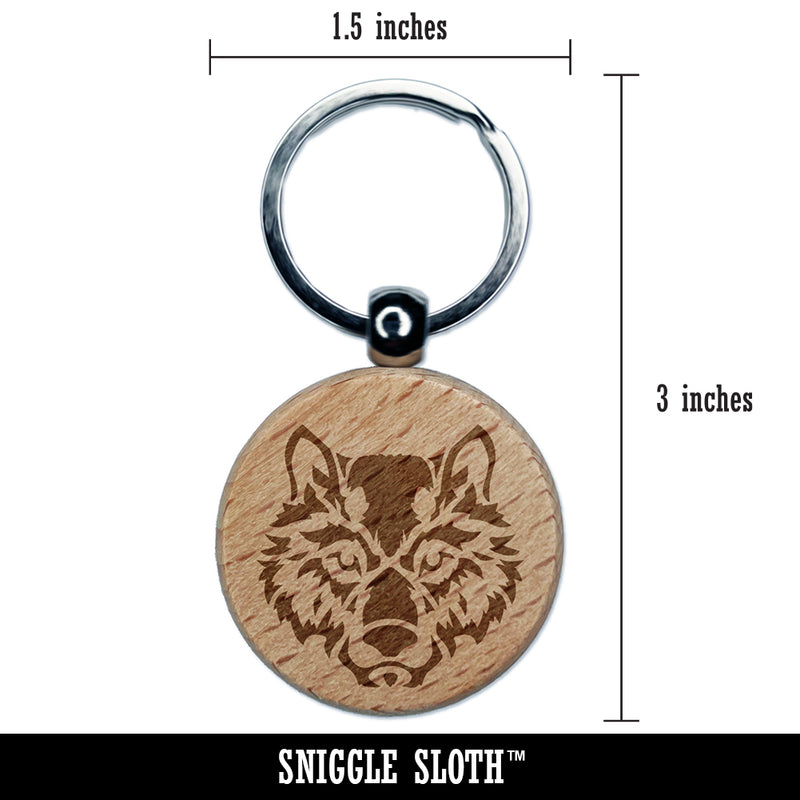 Wild Tribal Wolf Head Engraved Wood Round Keychain Tag Charm